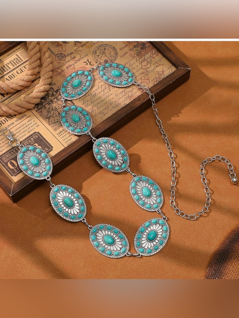 Western Metal Concho Turquoise Belt for Women,Cowgirl Silver Waist Chain Belt - Picture 2 of 7